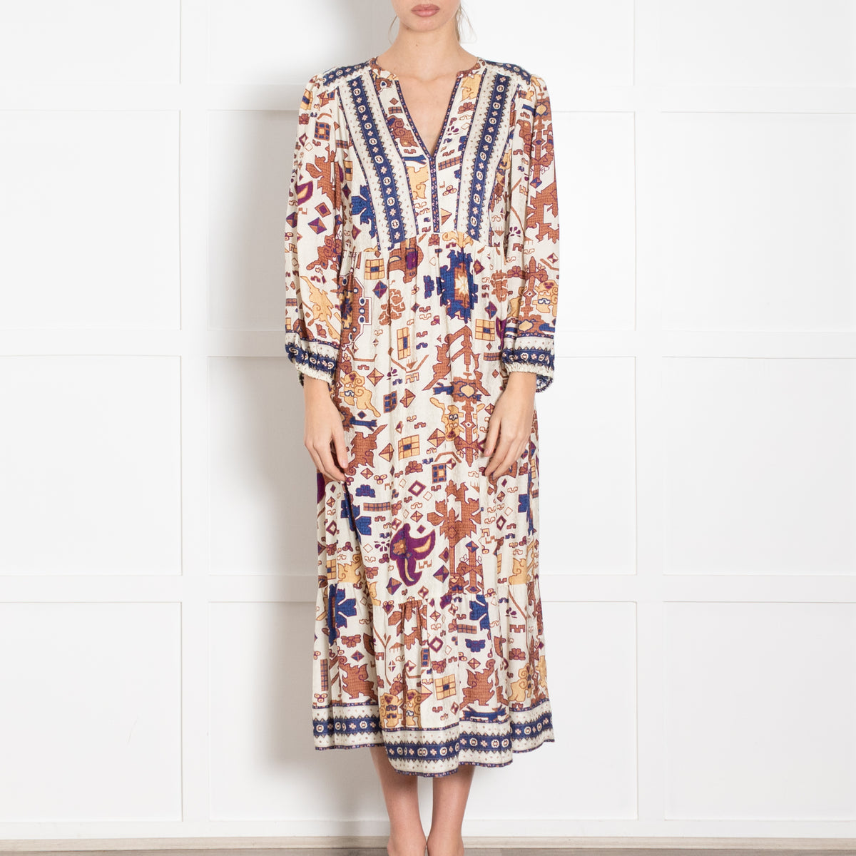 Ba & Sh Cream Tan Purple Aztec Print V-Neck Dress