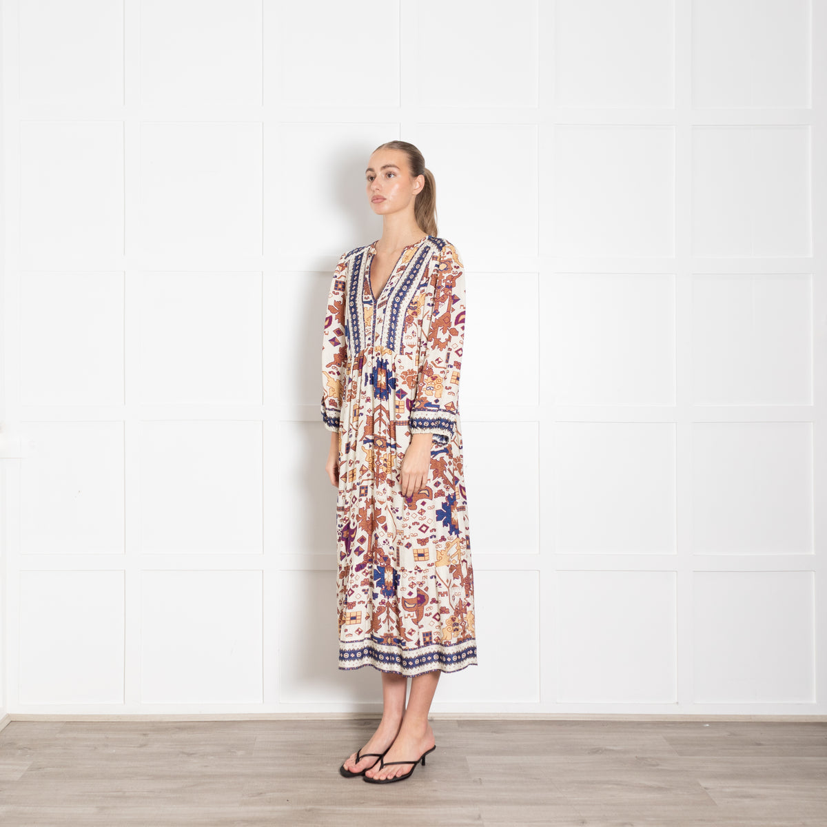 Ba & Sh Cream Tan Purple Aztec Print V-Neck Dress