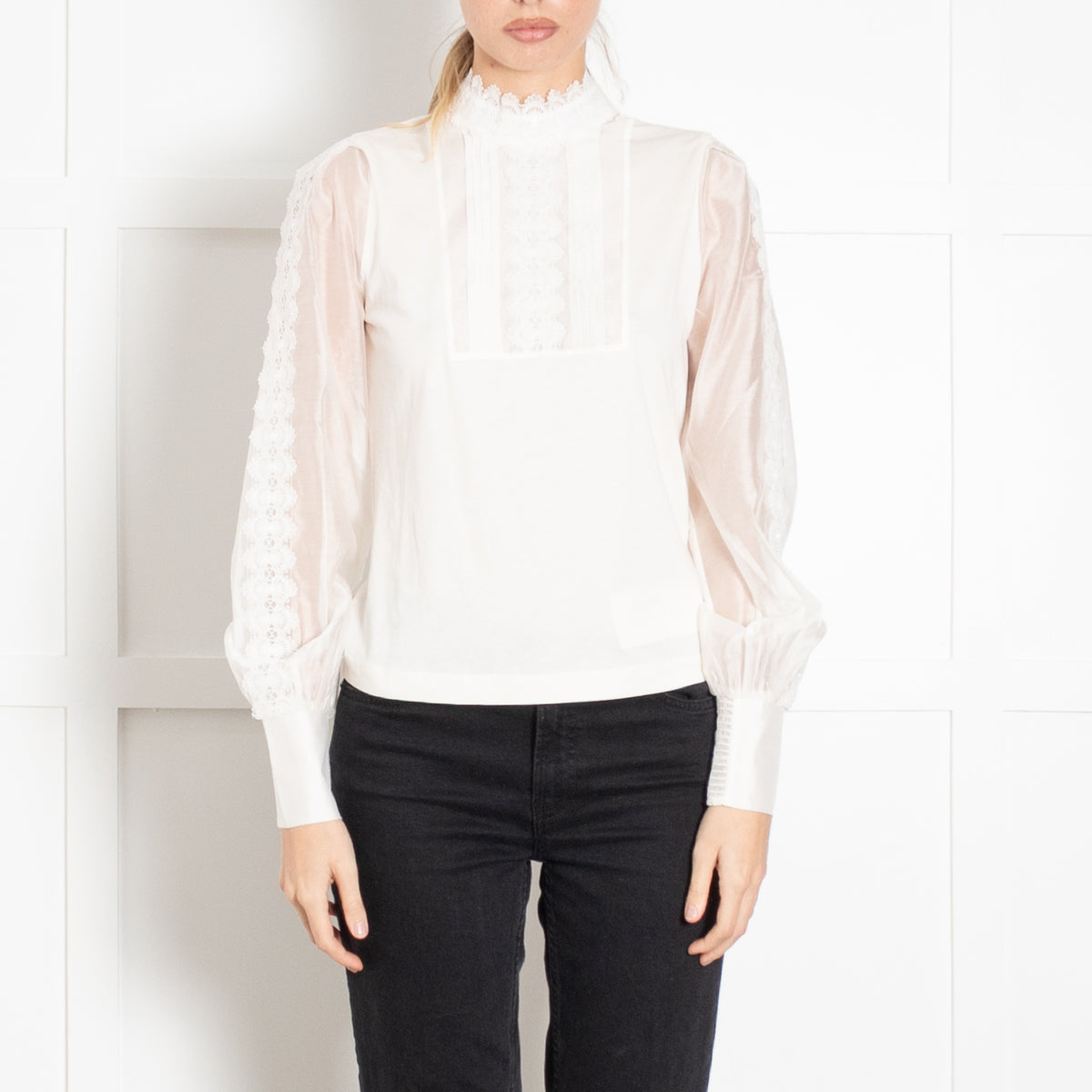 Me + Em White High Neck Lace Blouse with Puffed Sleeves