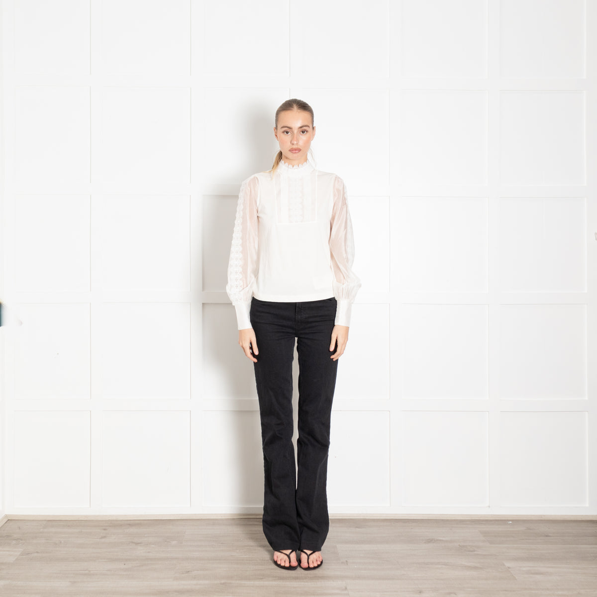 Me + Em White High Neck Lace Blouse with Puffed Sleeves