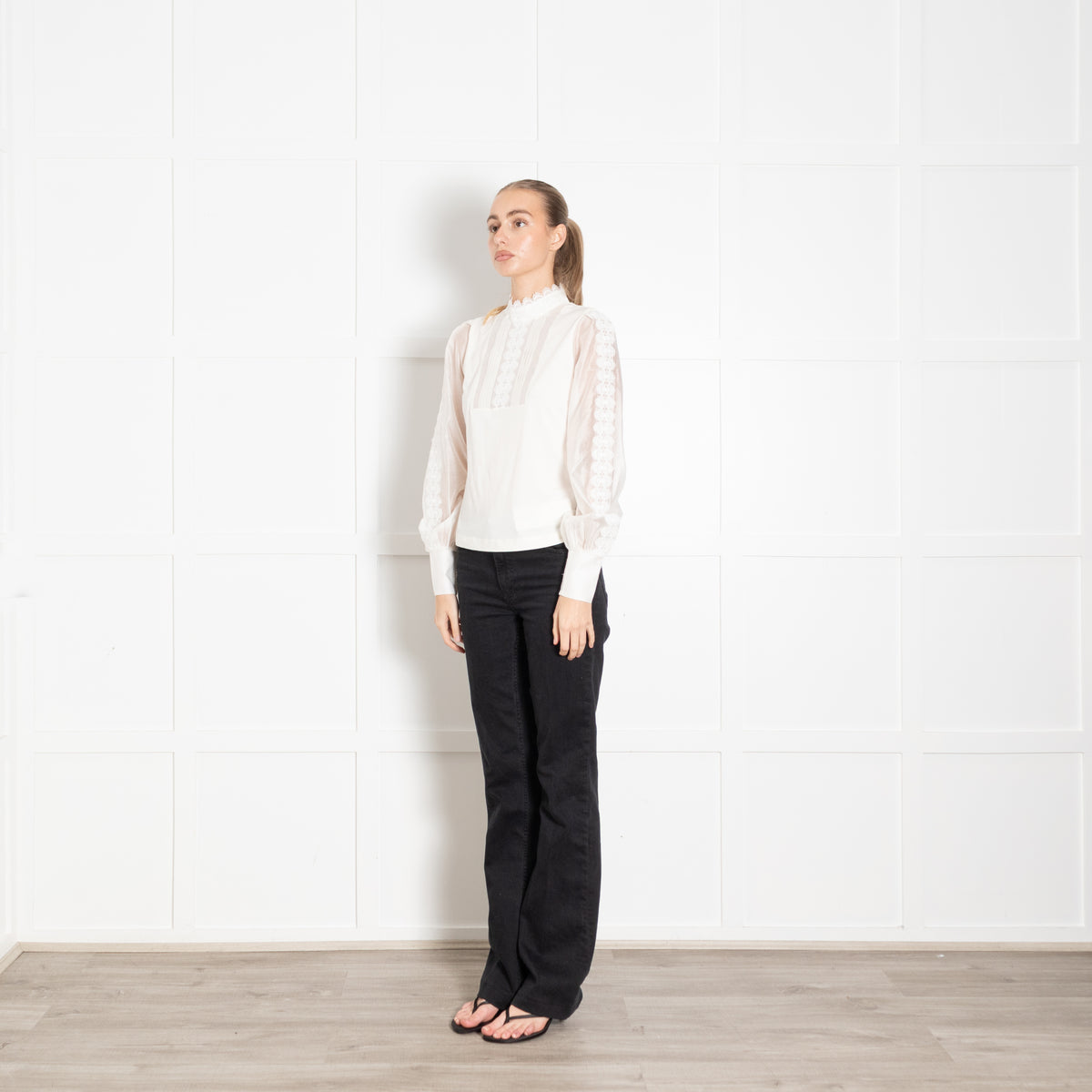 Me + Em White High Neck Lace Blouse with Puffed Sleeves