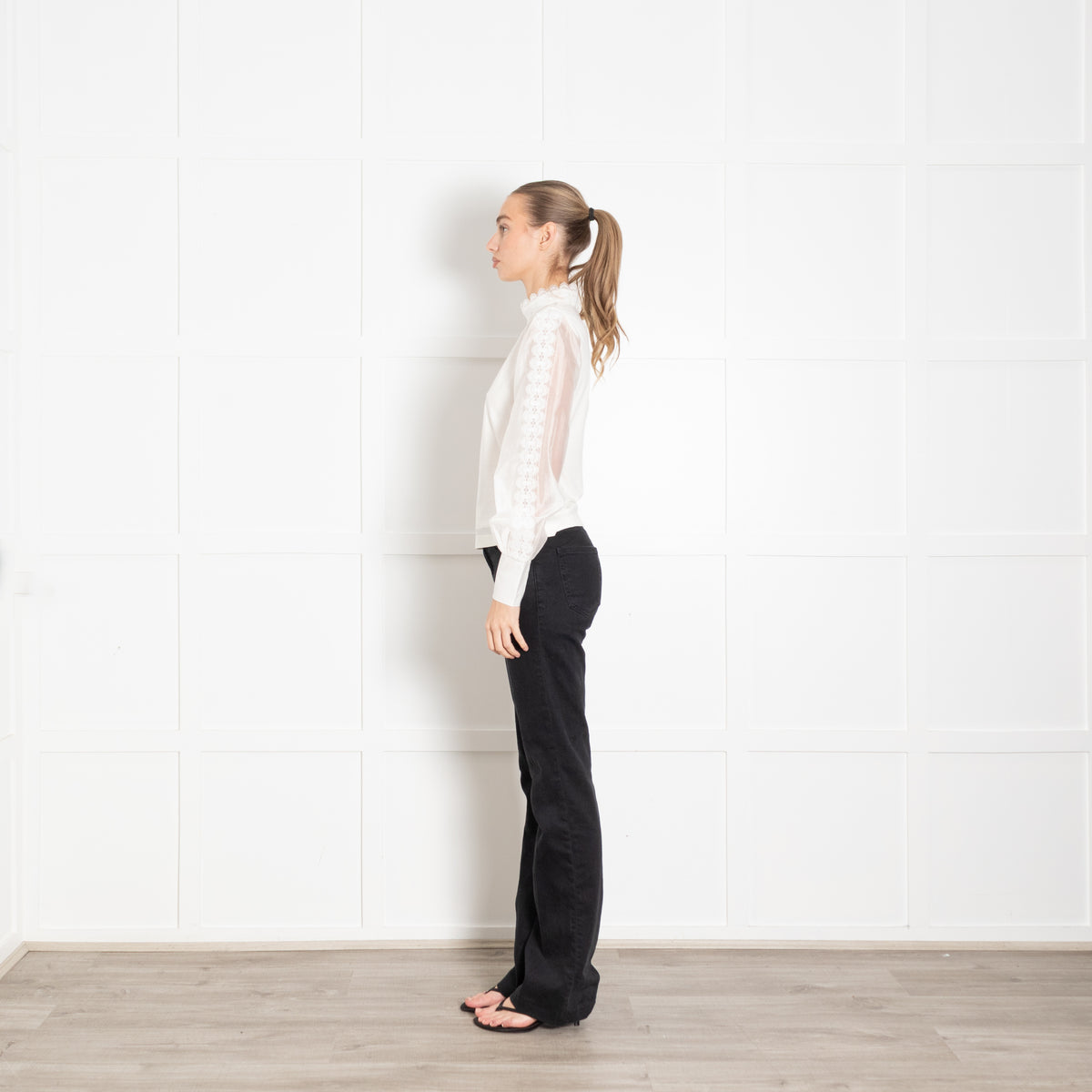 Me + Em White High Neck Lace Blouse with Puffed Sleeves