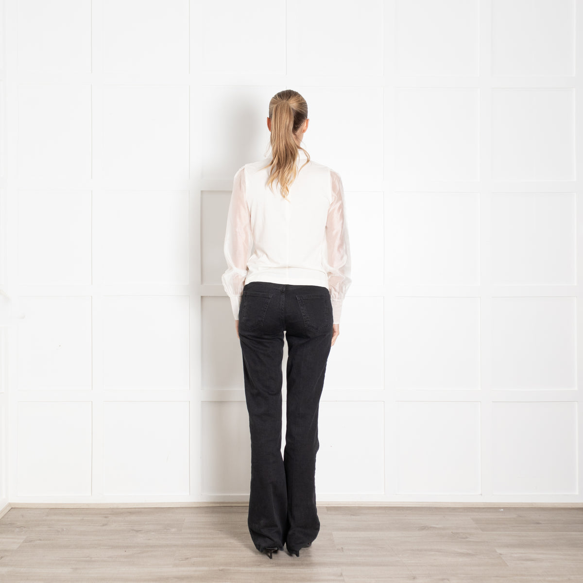 Me + Em White High Neck Lace Blouse with Puffed Sleeves