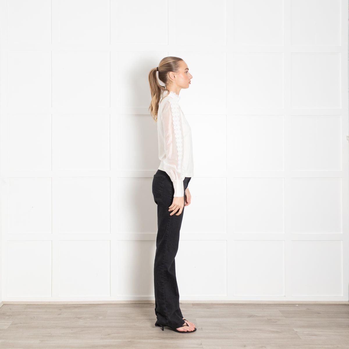 Me + Em White High Neck Lace Blouse with Puffed Sleeves