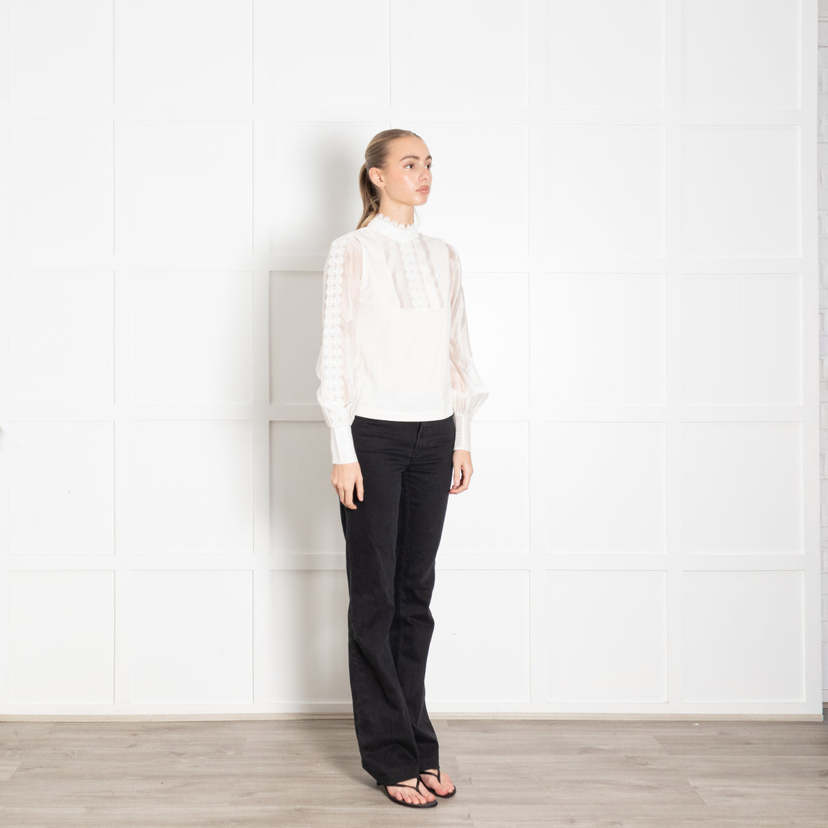 Me + Em White High Neck Lace Blouse with Puffed Sleeves