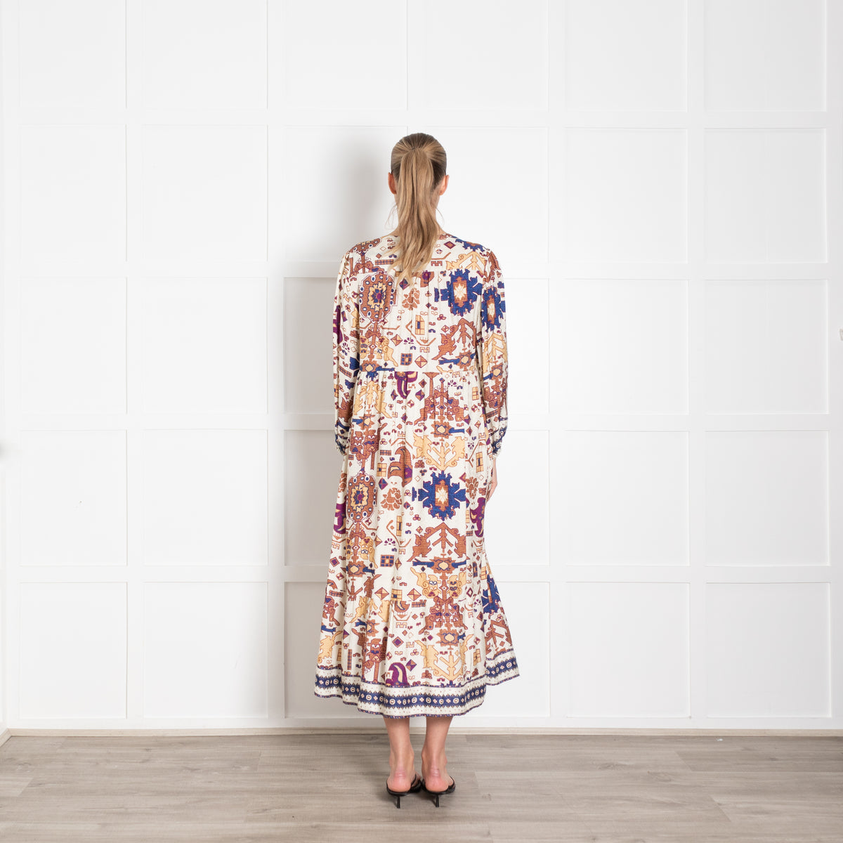 Ba & Sh Cream Tan Purple Aztec Print V-Neck Dress