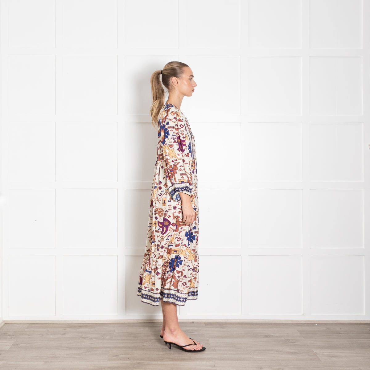 Ba & Sh Cream Tan Purple Aztec Print V-Neck Dress