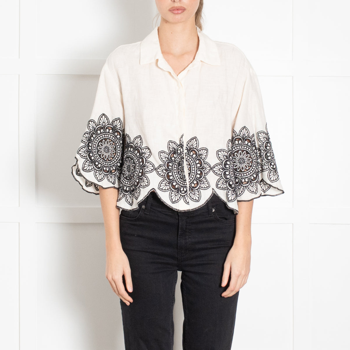 Greek Archaic Kori Cream Embroidered Floral Shirt