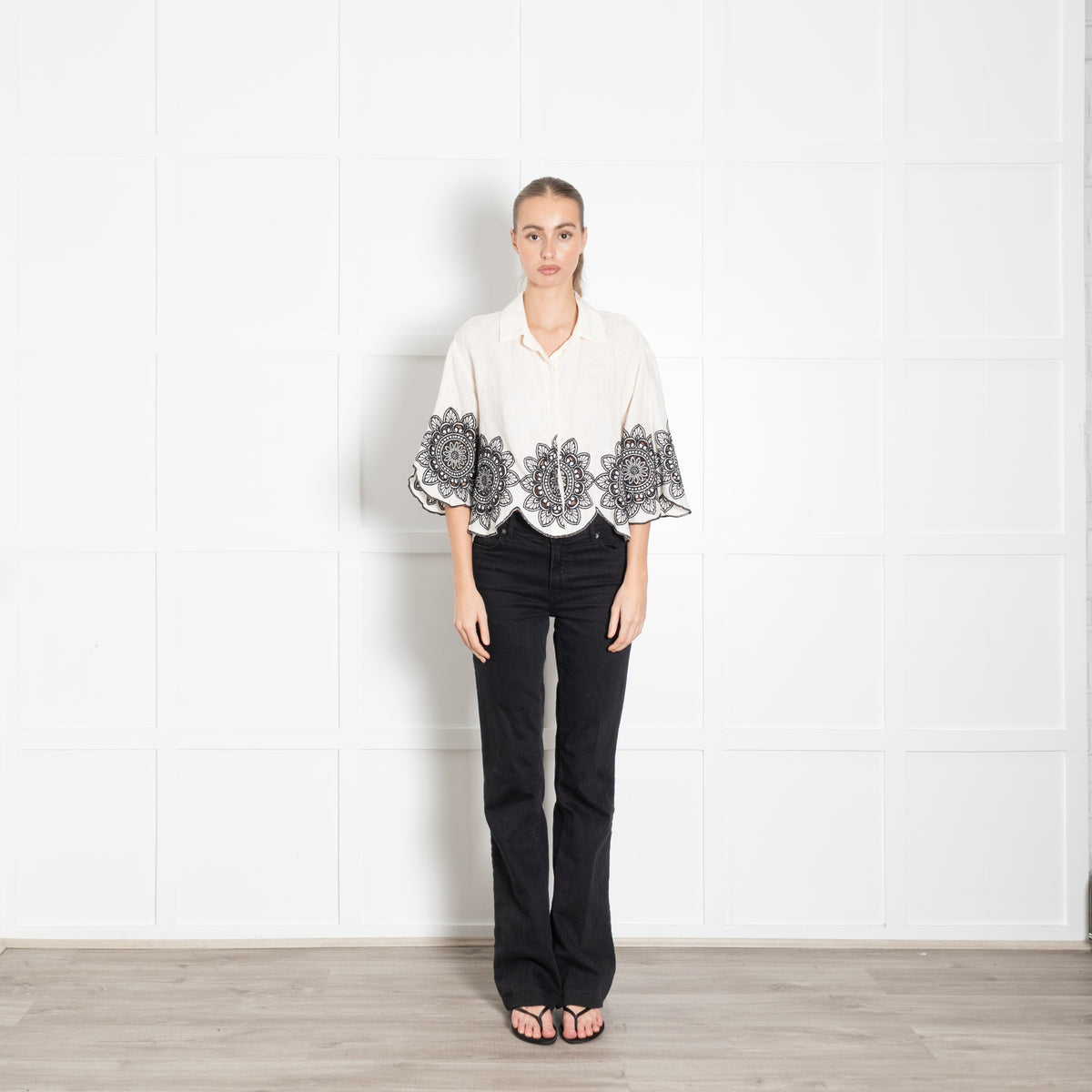 Greek Archaic Kori Cream Embroidered Floral Shirt