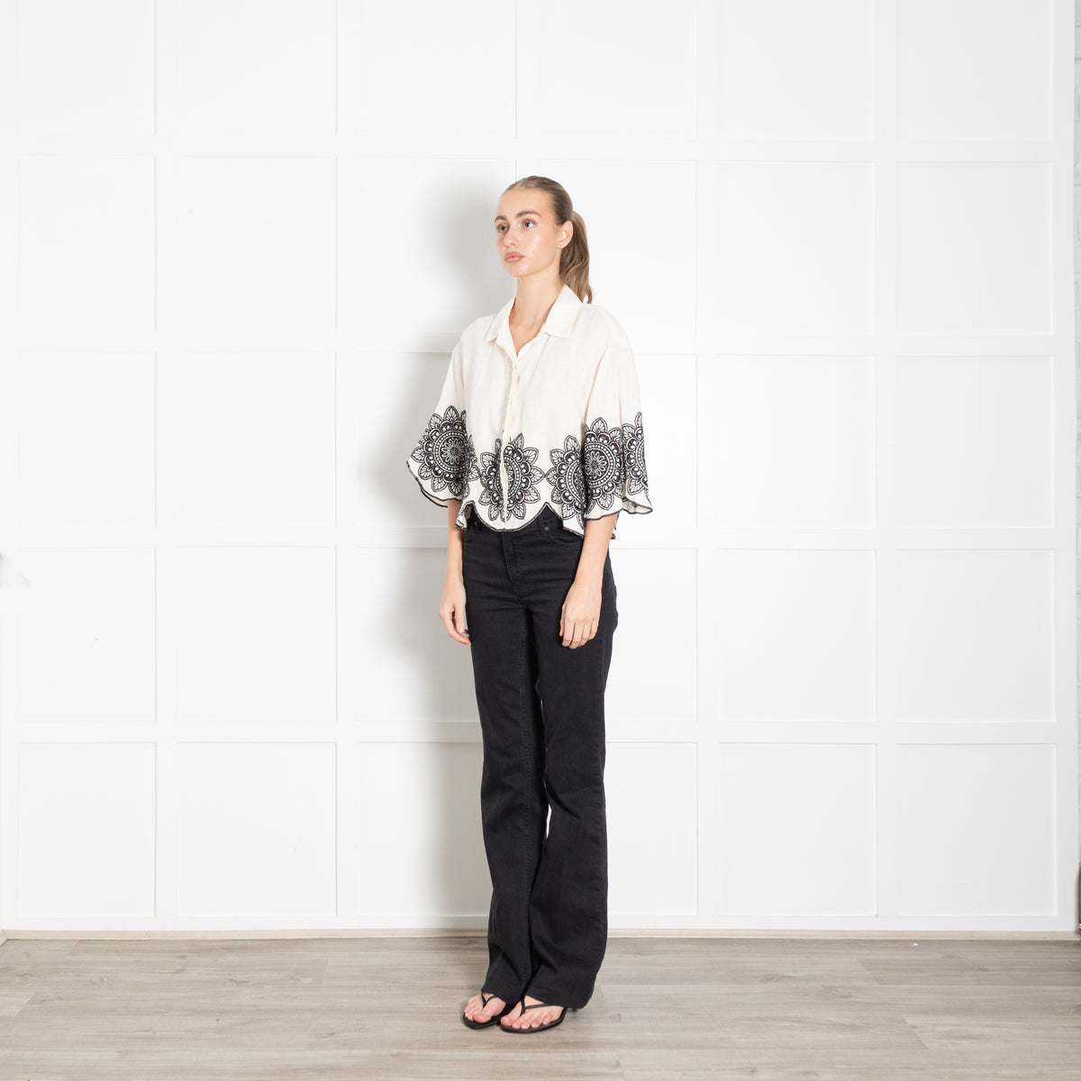 Greek Archaic Kori Cream Embroidered Floral Shirt