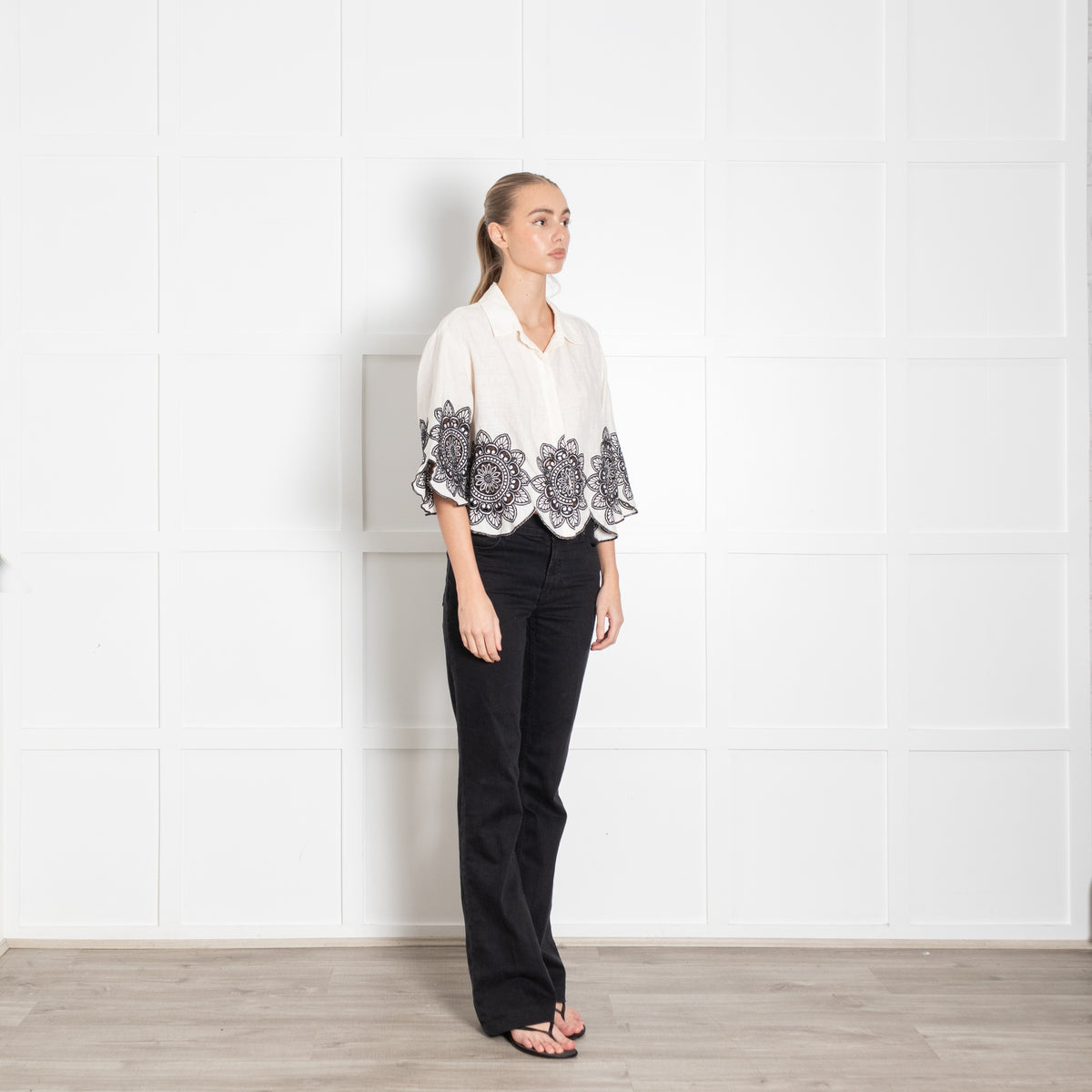 Greek Archaic Kori Cream Embroidered Floral Shirt