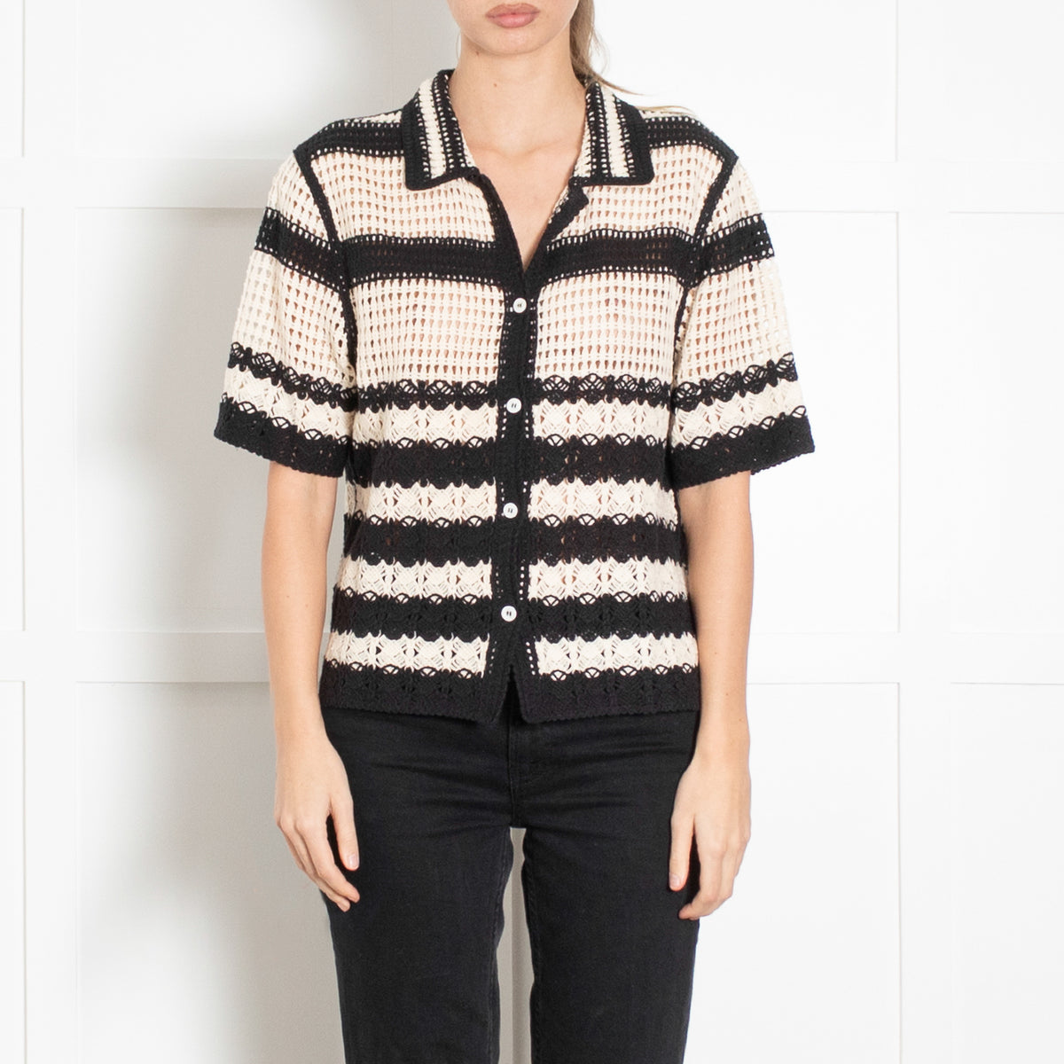 Gerard Darel Black And Cream Crochet Stripe Cotton Short Sleeve Cardigan
