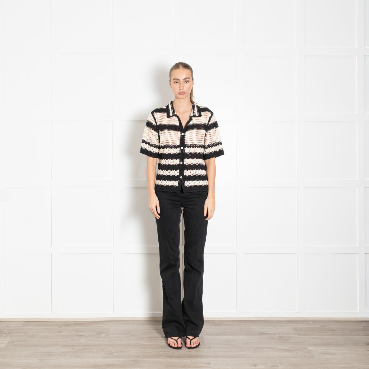 Gerard Darel Black And Cream Crochet Stripe Cotton Short Sleeve Cardigan