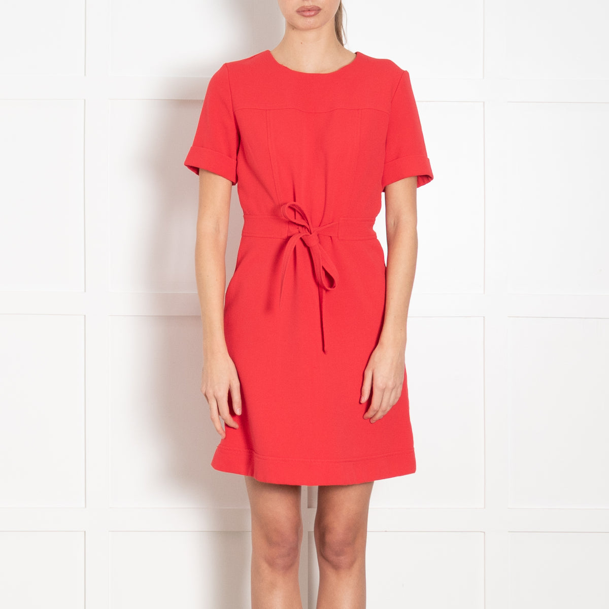 Claudie Pierlot Red Textured Fabric Belted Knee Length Dress