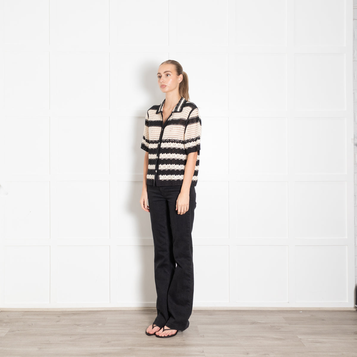 Gerard Darel Black And Cream Crochet Stripe Cotton Short Sleeve Cardigan