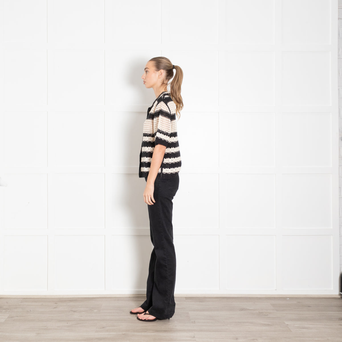 Gerard Darel Black And Cream Crochet Stripe Cotton Short Sleeve Cardigan