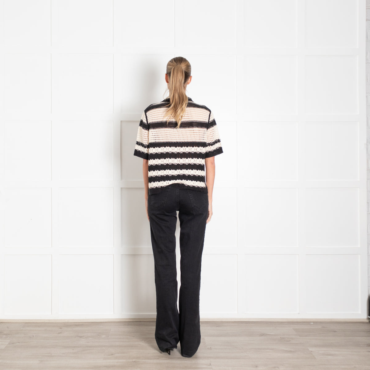 Gerard Darel Black And Cream Crochet Stripe Cotton Short Sleeve Cardigan