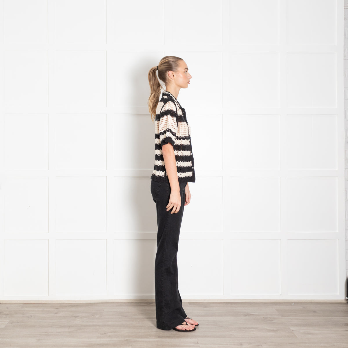 Gerard Darel Black And Cream Crochet Stripe Cotton Short Sleeve Cardigan