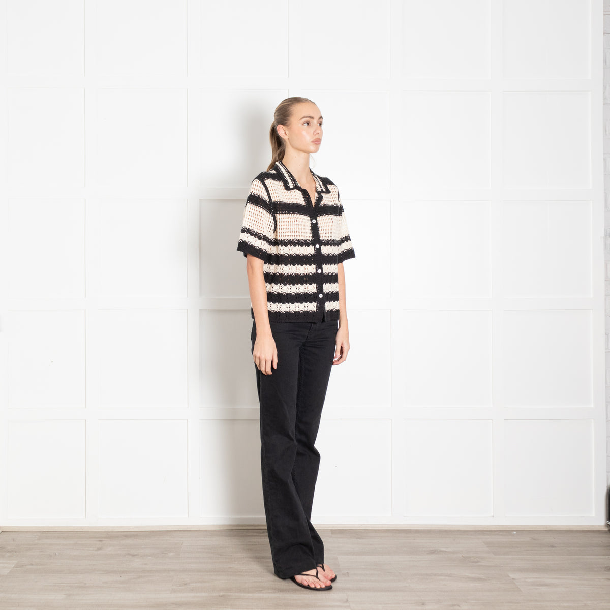 Gerard Darel Black And Cream Crochet Stripe Cotton Short Sleeve Cardigan