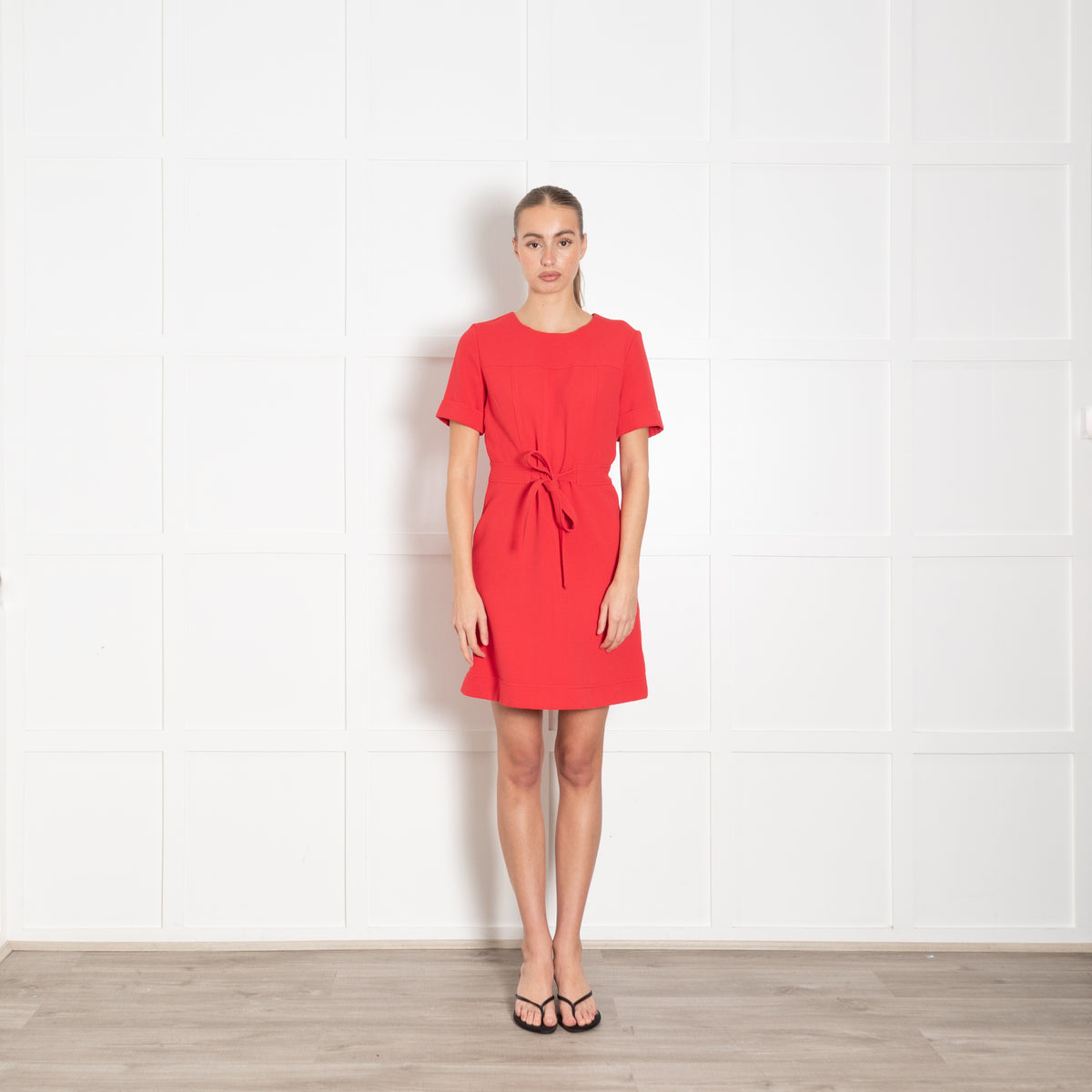 Claudie Pierlot Red Textured Fabric Belted Knee Length Dress