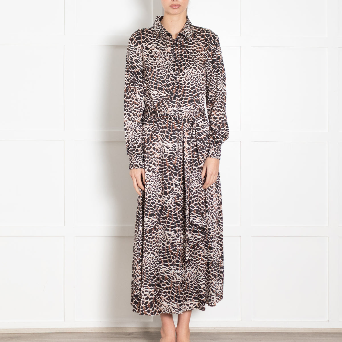 Charlotte Sparre Brown And Black Animal Print Silk Shirt Dress With Tie Belt