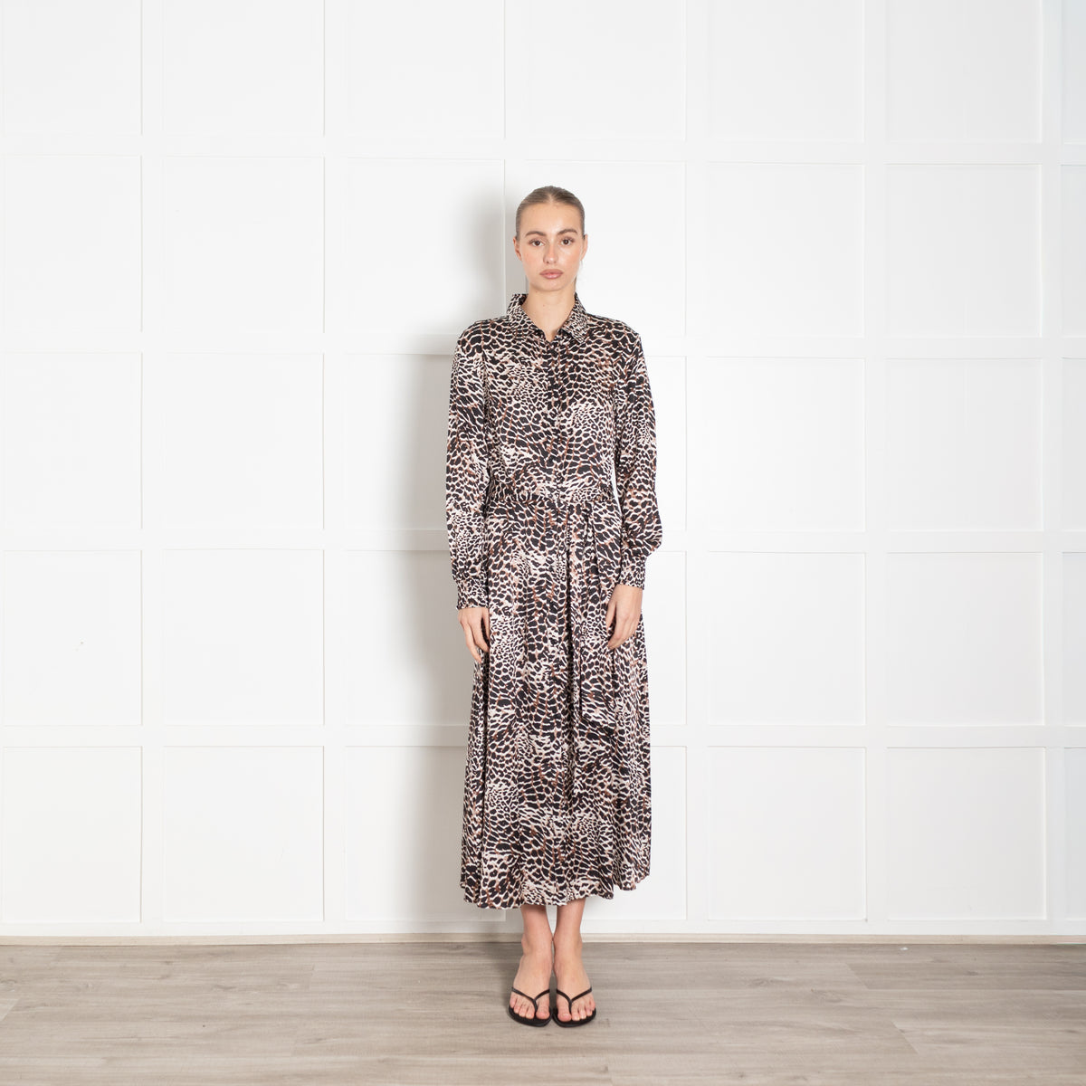 Charlotte Sparre Brown And Black Animal Print Silk Shirt Dress With Tie Belt