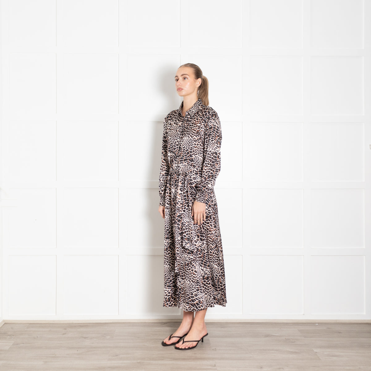 Charlotte Sparre Brown And Black Animal Print Silk Shirt Dress With Tie Belt