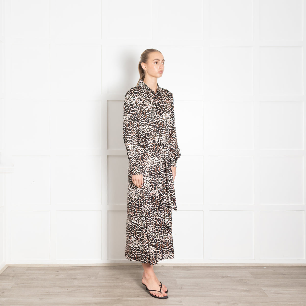 Charlotte Sparre Brown And Black Animal Print Silk Shirt Dress With Tie Belt
