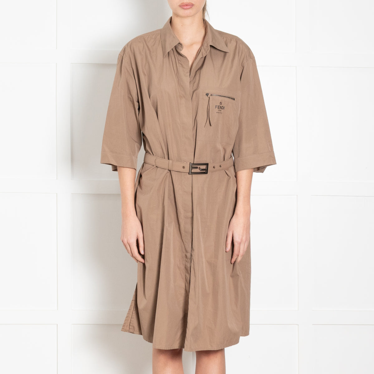 Fendi Brown Cotton Shirt Dress With Belt