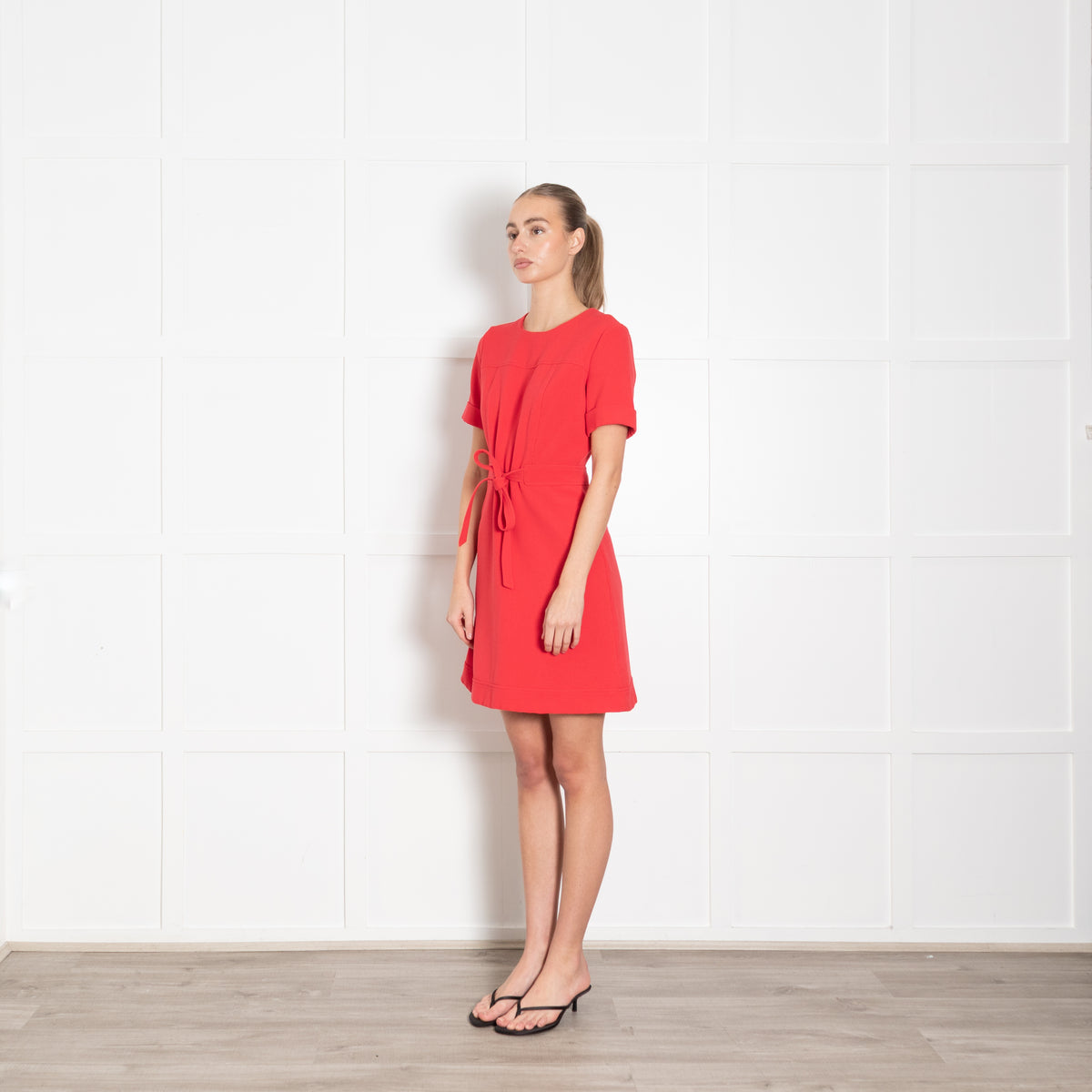 Claudie Pierlot Red Textured Fabric Belted Knee Length Dress