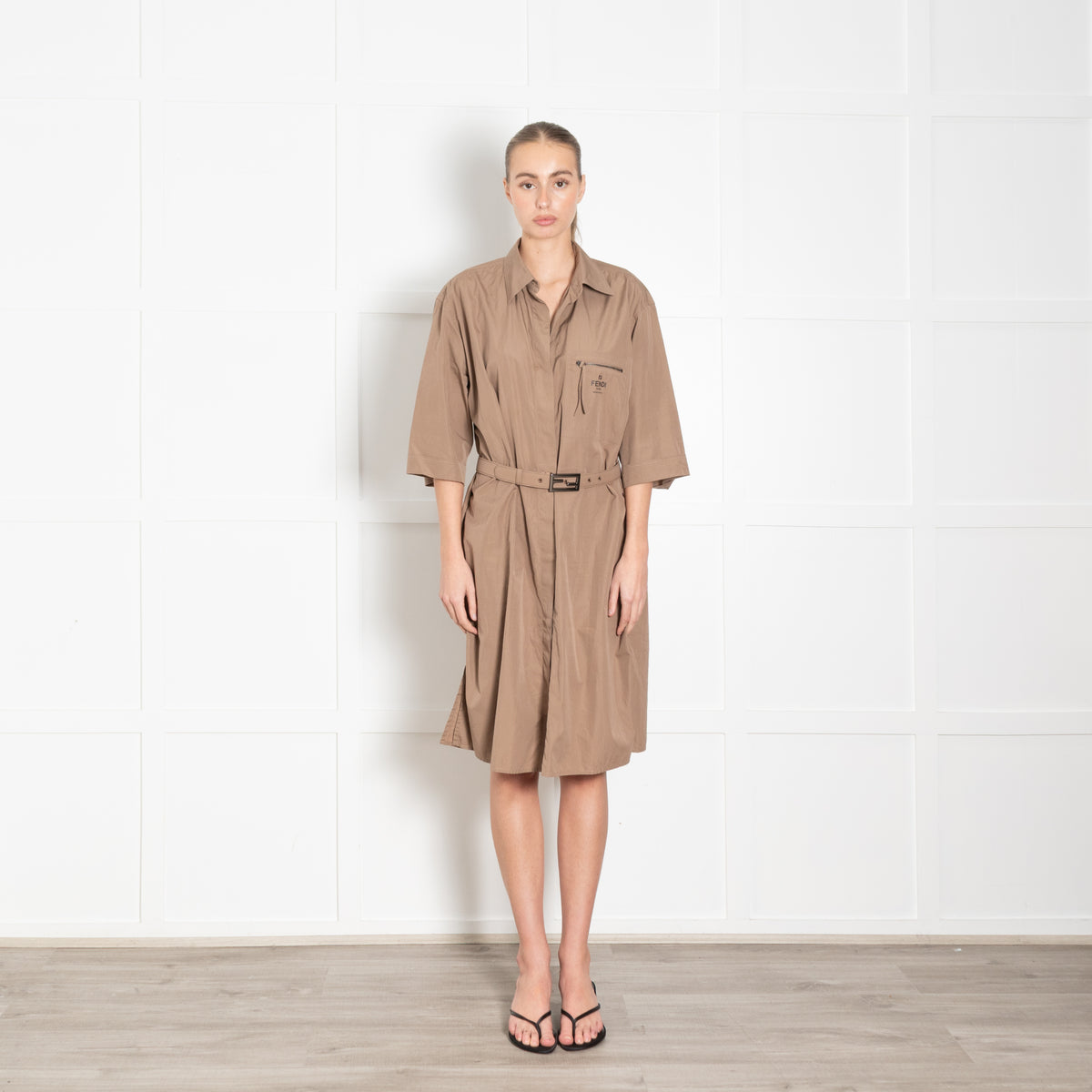Fendi Brown Cotton Shirt Dress With Belt