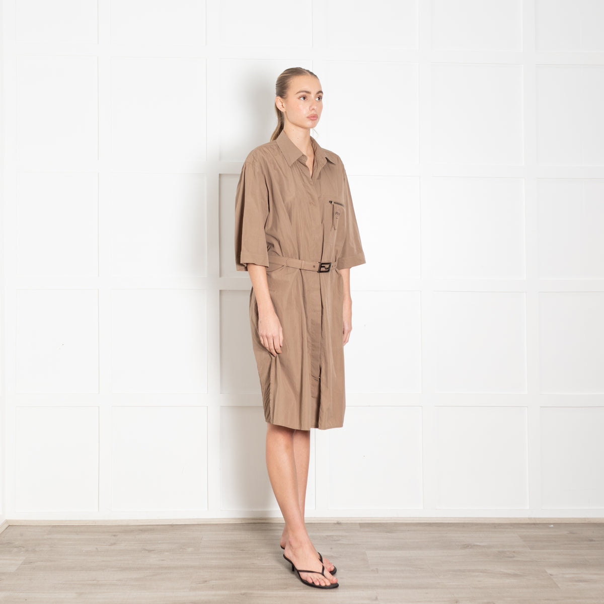 Fendi Brown Cotton Shirt Dress With Belt
