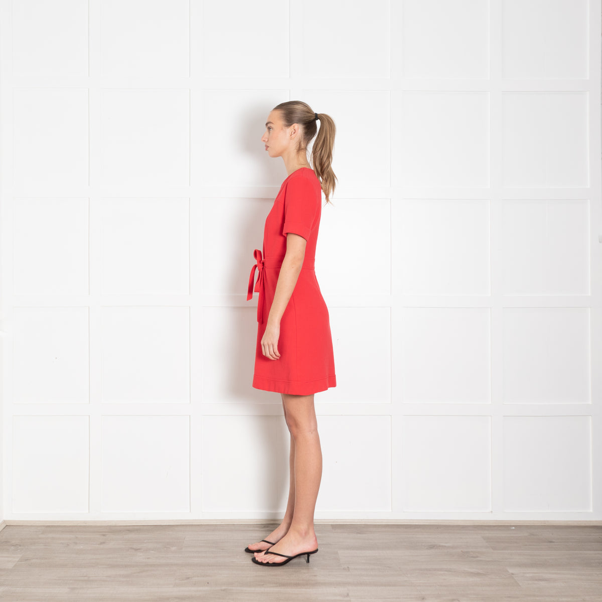 Claudie Pierlot Red Textured Fabric Belted Knee Length Dress