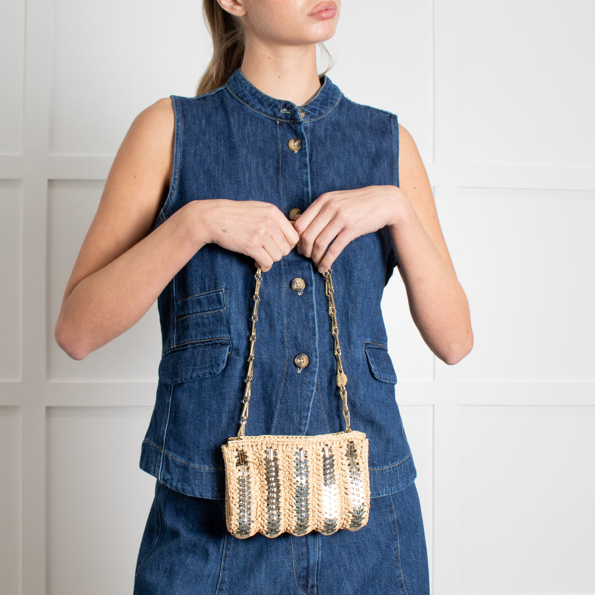 Paco Rabanne Woven Raffia Chainmail Small Crossbody