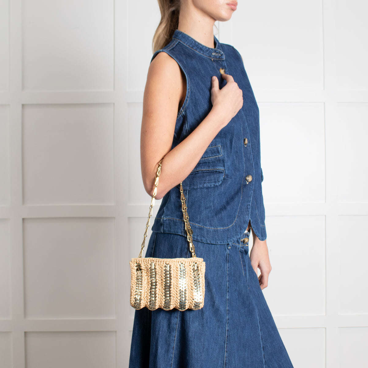 Paco Rabanne Woven Raffia Chainmail Small Crossbody