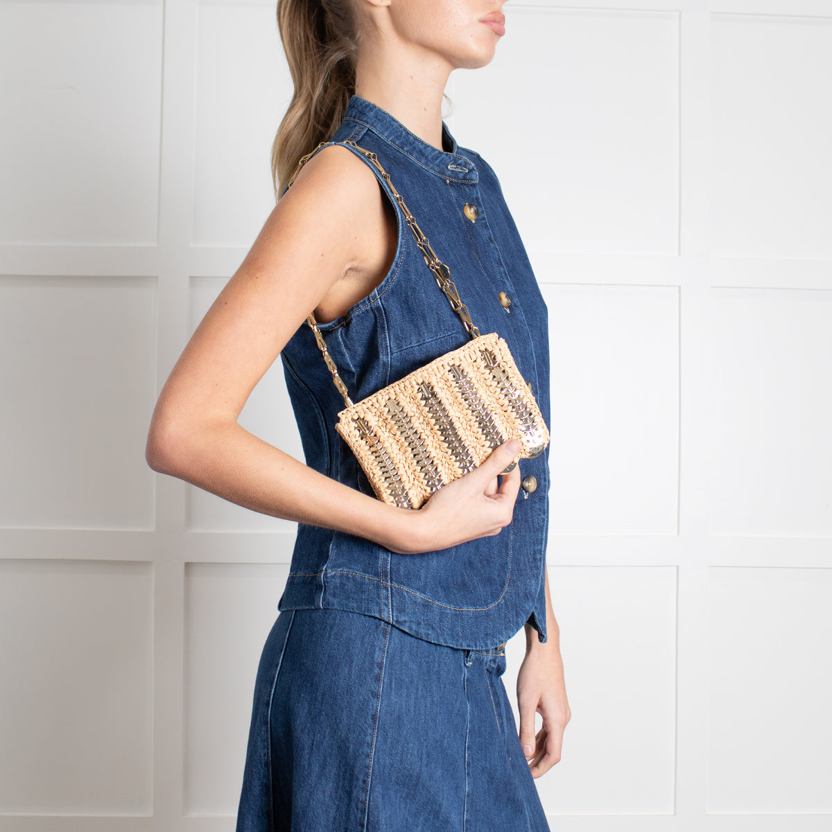 Paco Rabanne Woven Raffia Chainmail Small Crossbody
