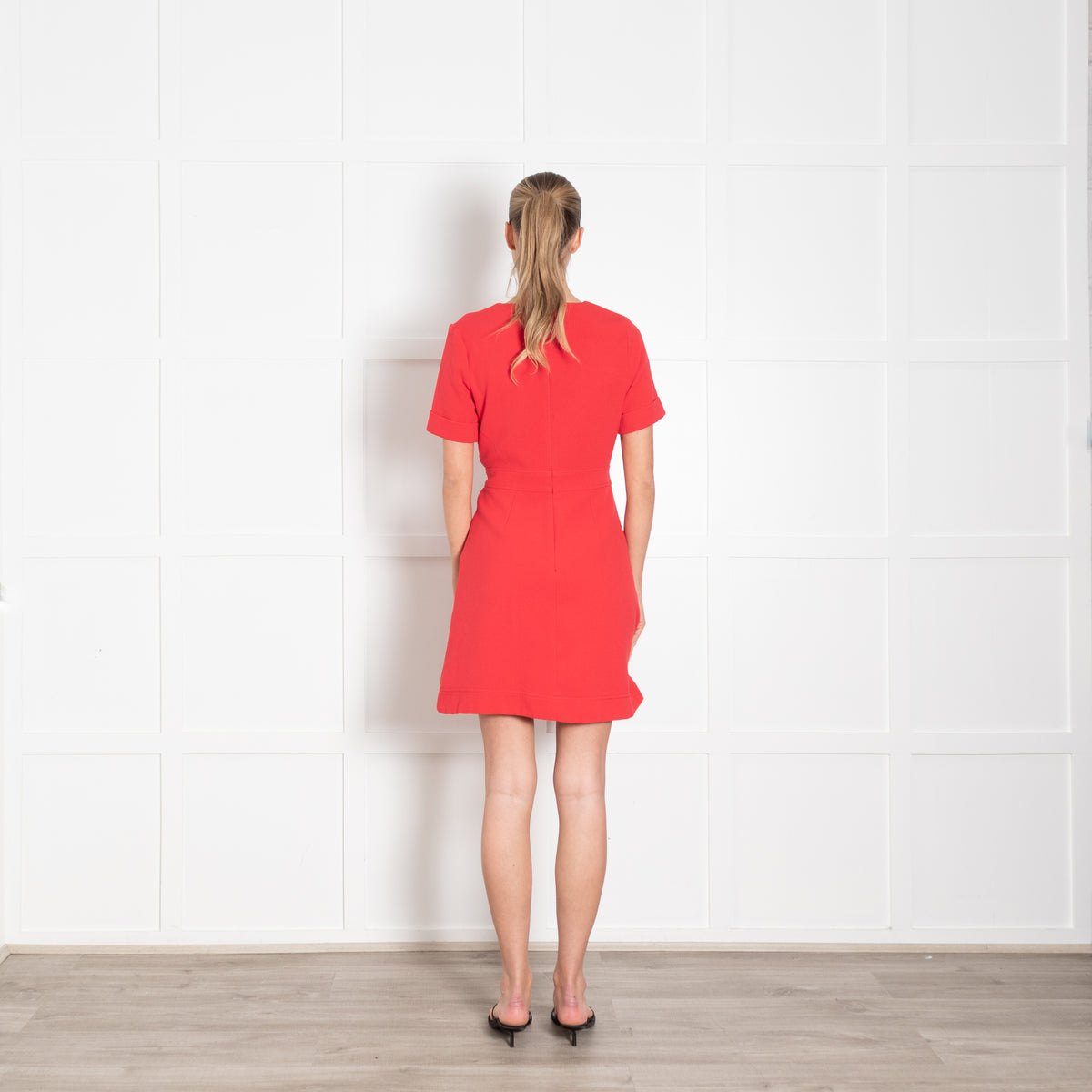 Claudie Pierlot Red Textured Fabric Belted Knee Length Dress