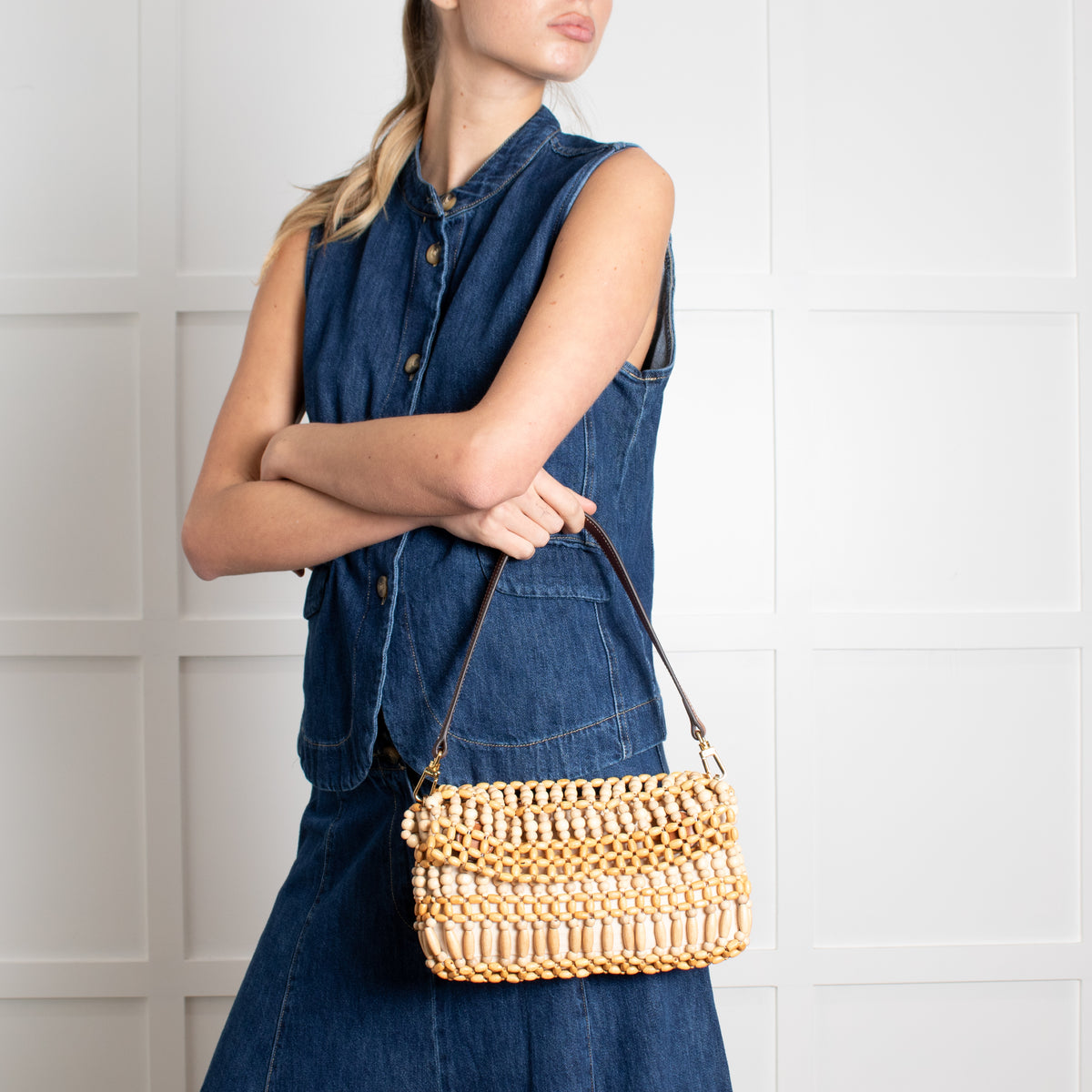 STAUD Timmy Wooden Bead Fold Over Shoulder Bag