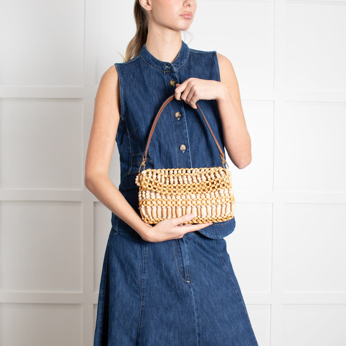 STAUD Timmy Wooden Bead Fold Over Shoulder Bag