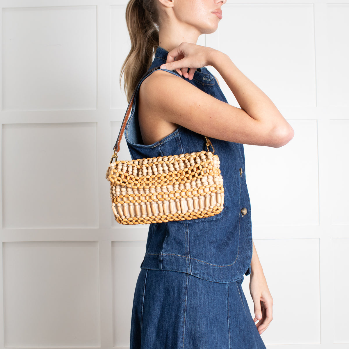 STAUD Timmy Wooden Bead Fold Over Shoulder Bag