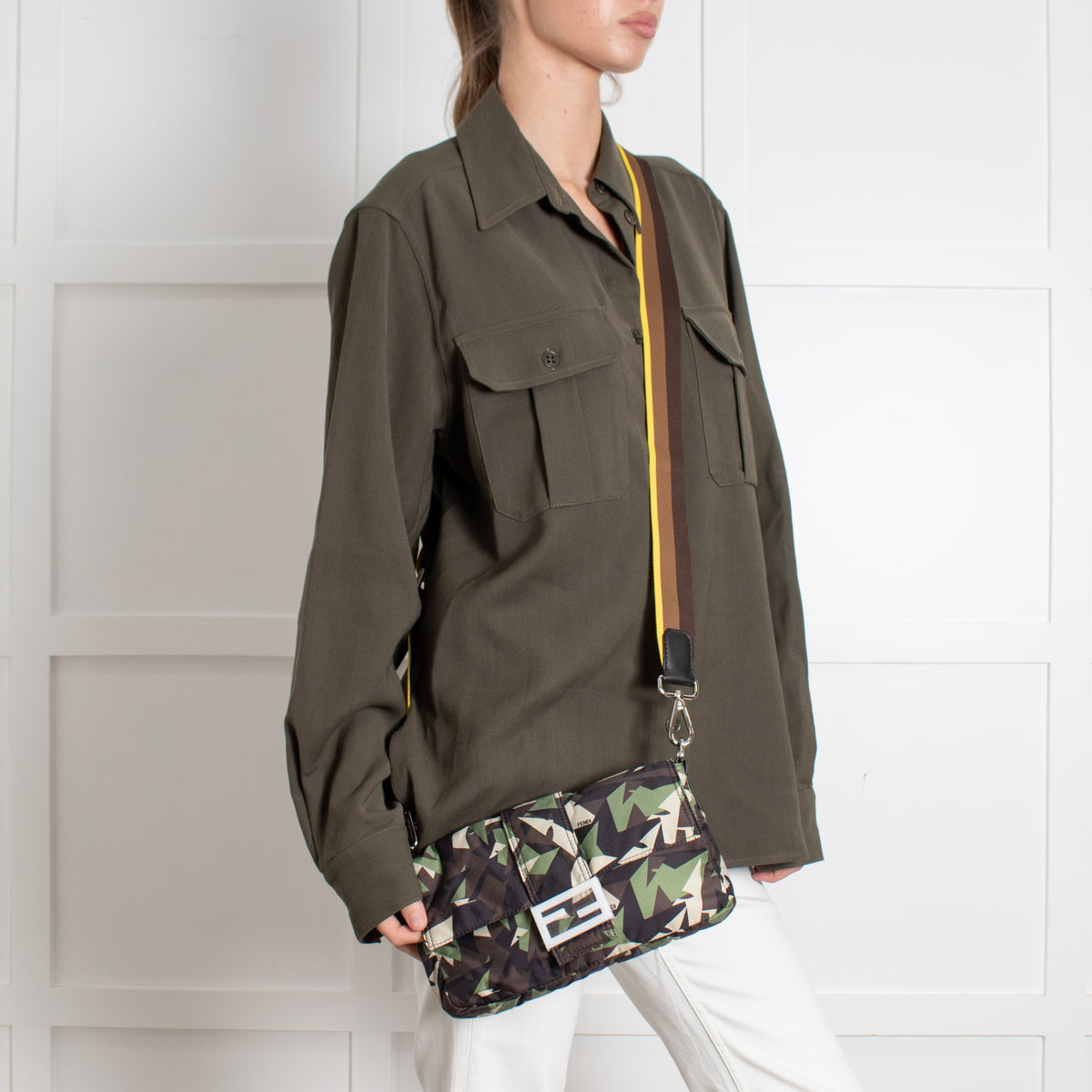 Fendi Green Nylon Camouflage Convertible Baguette Satchel