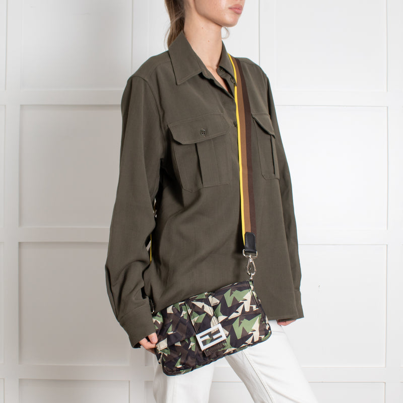 Fendi Green Nylon Camouflage Convertible Baguette Satchel
