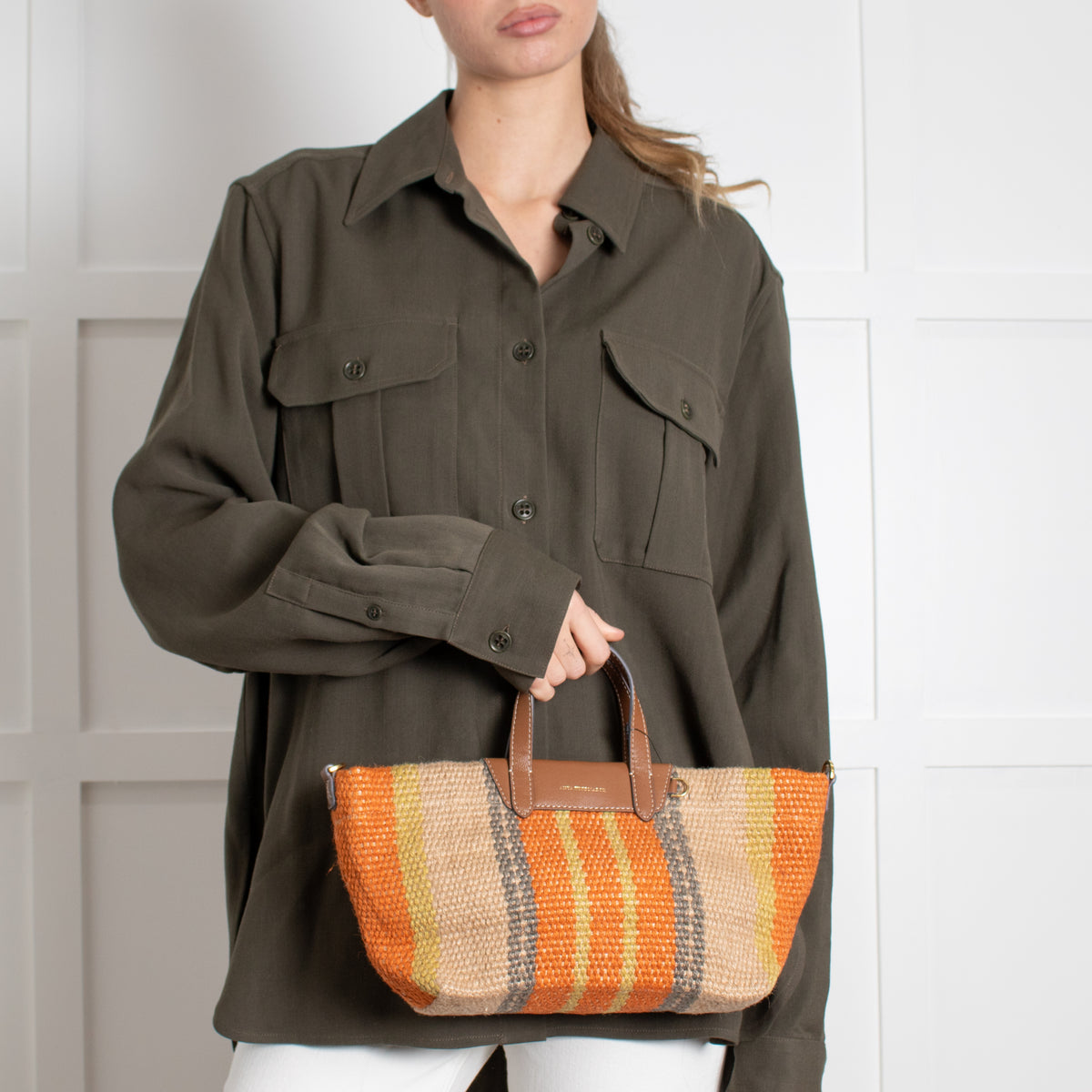 Anya Hindmarch Orange Striped Small Raffia Tote