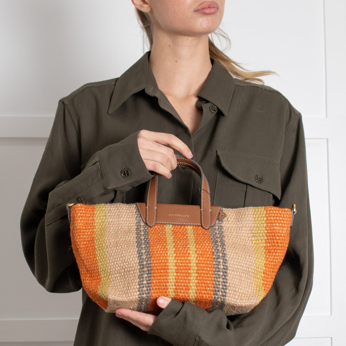 Anya Hindmarch Orange Striped Small Raffia Tote