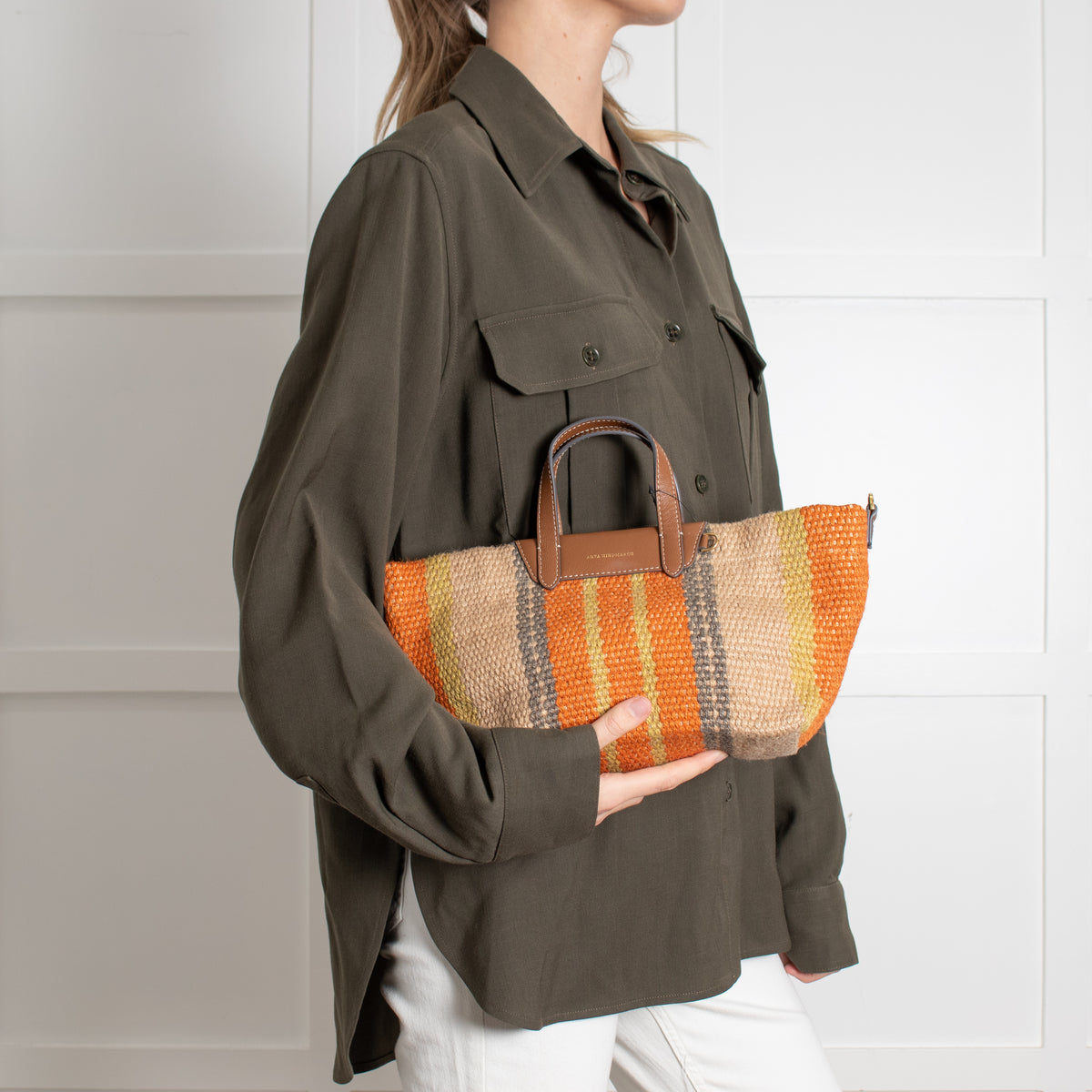 Anya Hindmarch Orange Striped Small Raffia Tote