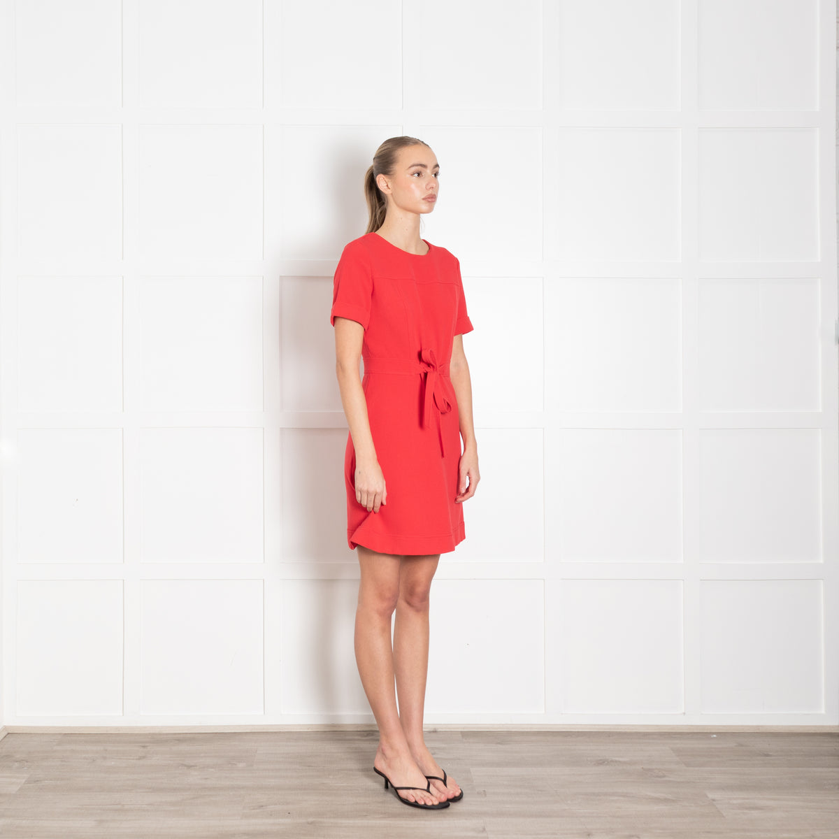 Claudie Pierlot Red Textured Fabric Belted Knee Length Dress