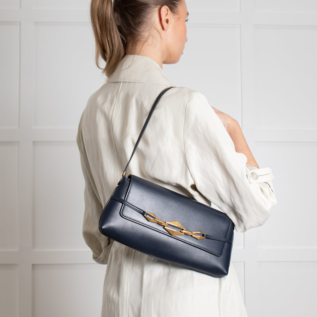 Jimmy Choo Navy Shoulder Bag with Geometric Chain