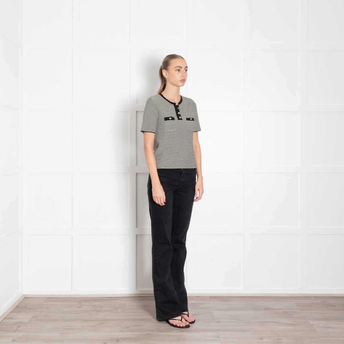 Sandro Black And Cream Stripe Short Sleeve Top With Gold Buttons
