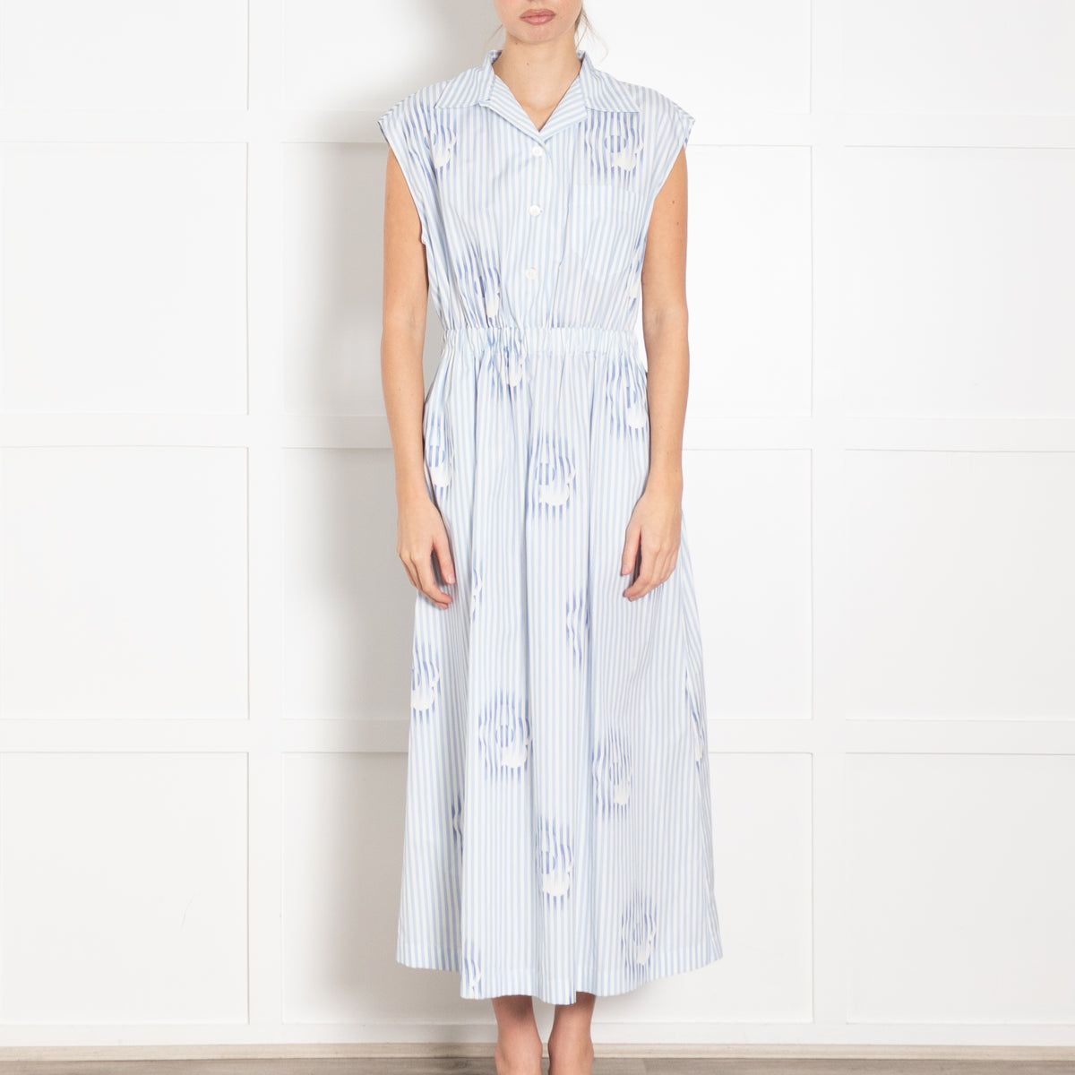 Prada White Blue Striped Cotton Sleeveless Maxi Dress