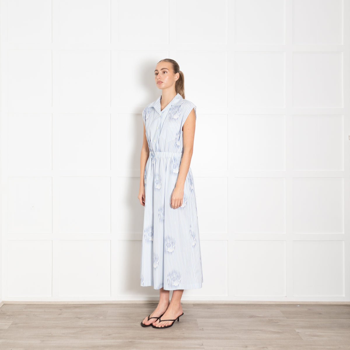 Prada White Blue Striped Cotton Sleeveless Maxi Dress